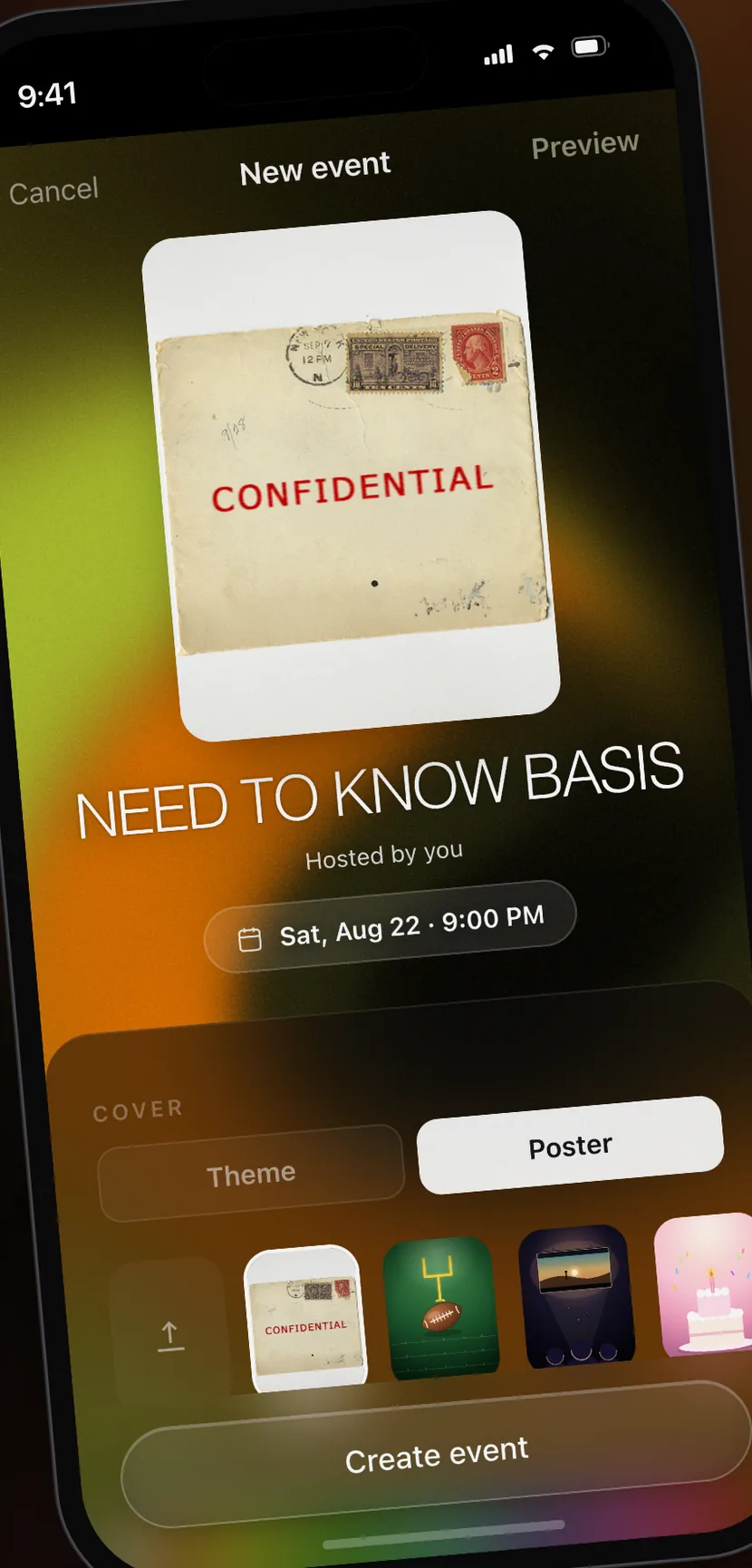 Creating a new event: cover art selection, theme options, and event details form.