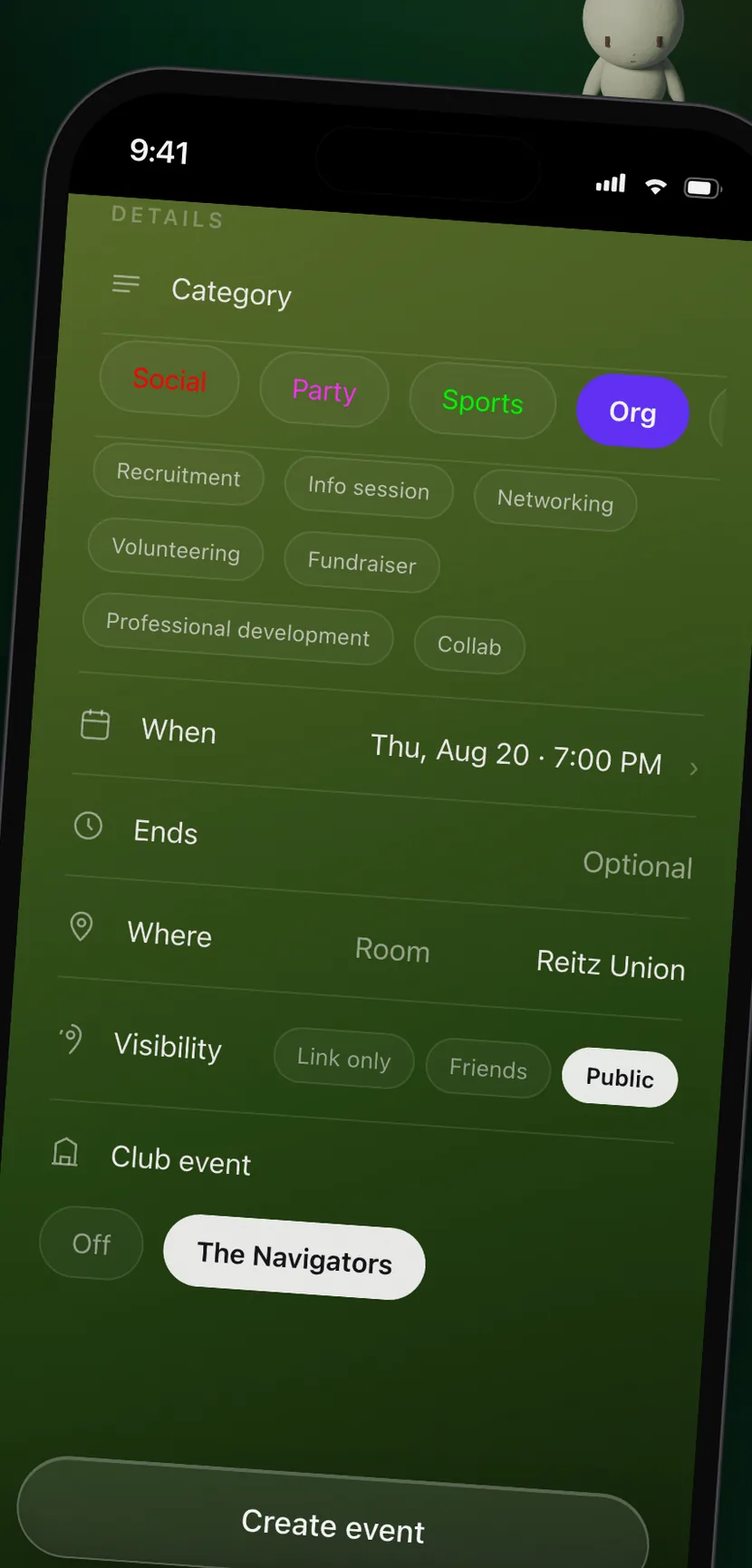 Organization tools showing category tags for recruitment, info sessions, and club events.