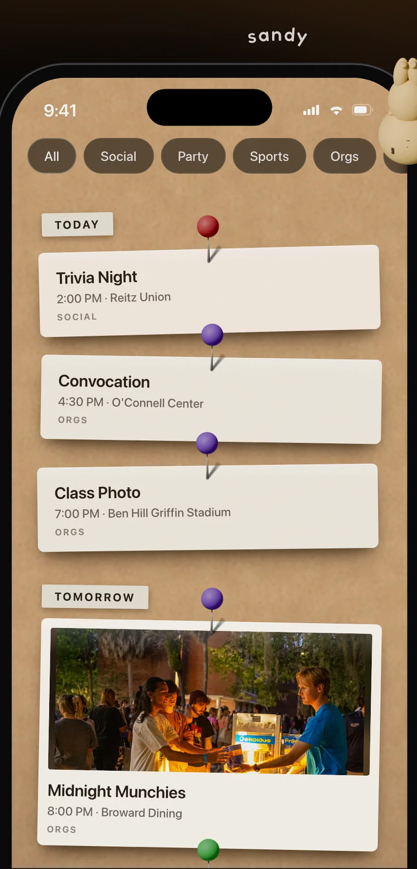 A day-grouped list of events from today through tomorrow, including an event photo.
